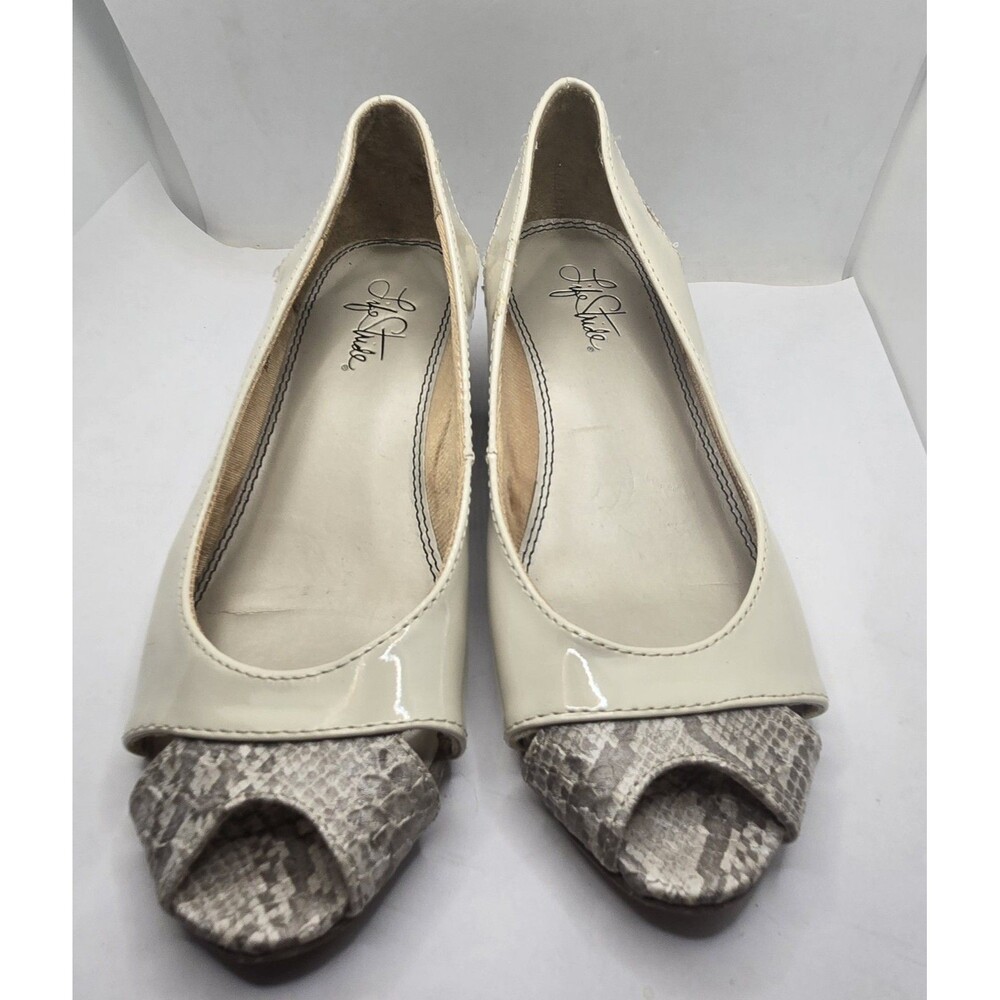 Life Stride Ivory Snakeskin Embossed Open Toed Wedges  7.5M